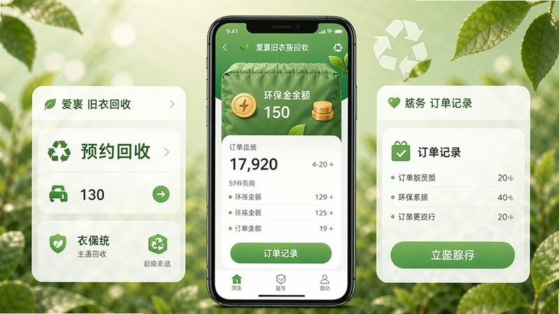 爱裹旧衣服回收APP主界面展示,手机屏幕上有预约回收、环保金余额、订单记录等核心功能模块,背景为绿色环保主题,画面风格清新自然,突出回收的便捷与环保理念,整体构图直观展示APP操作界面,高清渲染图