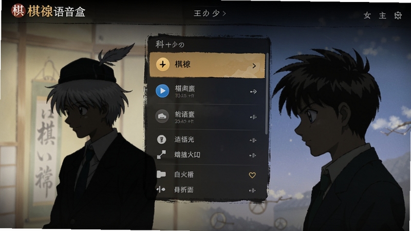棋魂语音盒主界面预览图,展示动漫棋魂风格的深色主题界面,中央为播放列表,背景有佐为和进藤光的剪影,整体氛围充满怀旧感,画面清晰,UI设计简洁现代