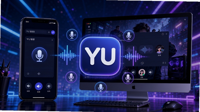 YU语音主视觉图,展示软件在手机和电脑上运行的界面,背景为炫酷的游戏电竞风格光效,前景为清晰的语音聊天窗口,整体色调以蓝紫色为主,突出科技感与社交氛围,画面中央显示YU语音Logo,周围有音量波形和麦克风图标装饰,高清渲染,细节丰富