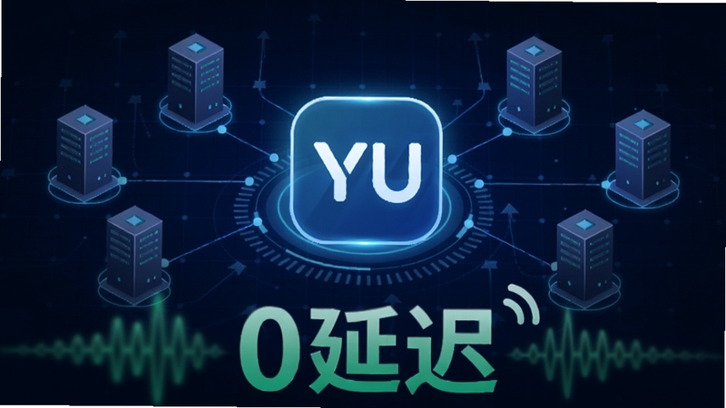YU语音低延迟网络示意图,画面中央为一个发光的YU语音Logo,周围环绕多个服务器节点,以线条连接,背景为深蓝色科技网格,前景有绿色信号波形和“0延迟”字样特效,整体风格简洁专业,突出网络优化能力