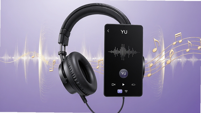 YU语音高清音质展示图,画面中一个高保真耳机连接着YU语音的界面,周围有细腻的声波纹理和金色音符元素,背景为柔和的渐变紫色,突出音质的纯净与细节,整体风格精致,强调听觉享受