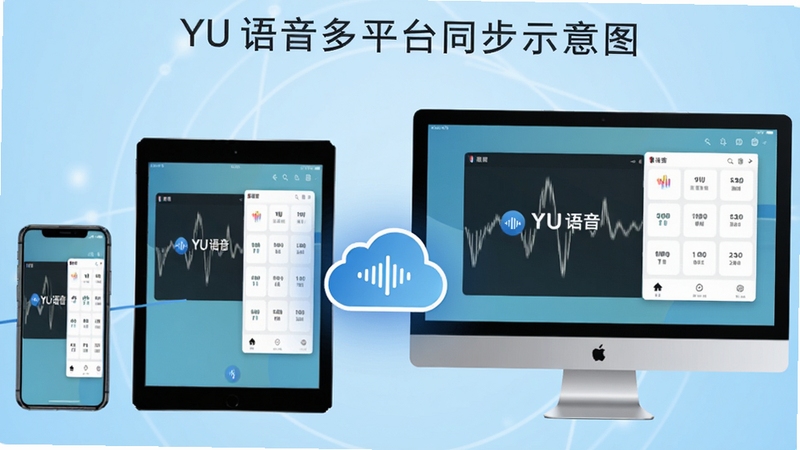 YU语音多平台同步示意图,展示手机、平板、电脑三台设备屏幕上都显示YU语音的相同界面,中间以云朵图标连接,背景为科技感十足的浅蓝色渐变,整体风格统一,强调跨平台体验