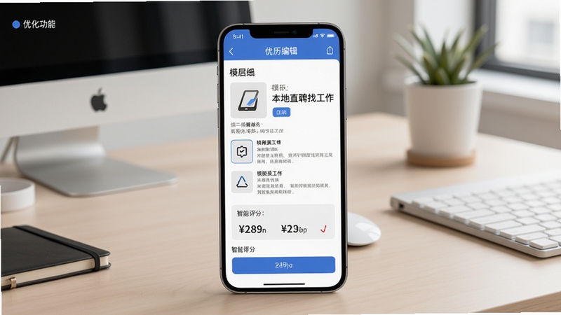 本地直聘找工作简历优化功能截图,手机屏幕展示简历编辑页面,有模板选择和智能评分提示,背景为简约办公桌面,整体色调柔和,突出专业与易用