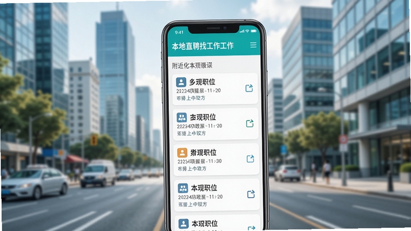 本地直聘找工作预览图,画面主体为手机屏幕展示附近职位列表,背景为模糊的城市街道与办公楼群,整体色调明亮清新,突出本地化求职的便捷氛围