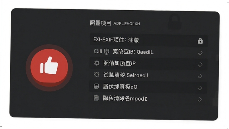 照片属性工坊隐私清除功能示意图,界面中有一个红色清除按钮,旁边显示已清除的EXIF项目列表,背景为深灰色调,突出安全主题,整体风格稳重