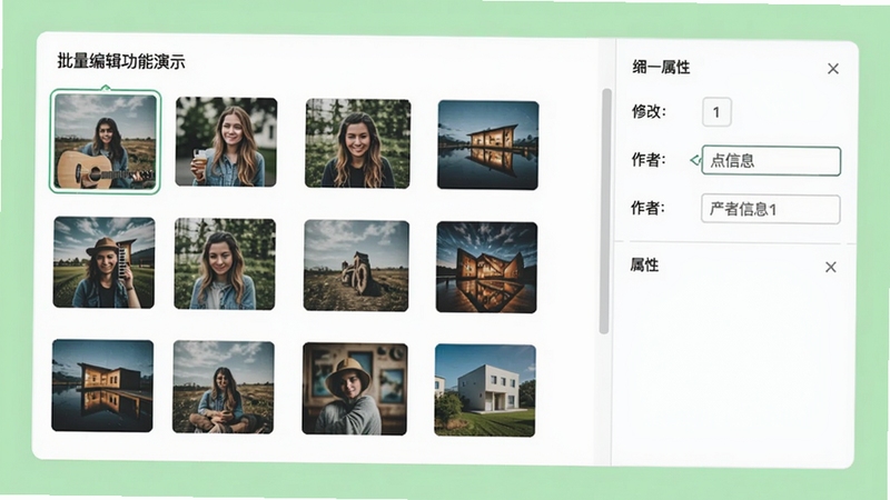 照片属性工坊批量编辑功能演示,界面中选中多张照片缩略图,右侧为统一的属性编辑面板,显示修改时间和作者信息的输入框,背景为清新的浅绿色,画面简洁明了