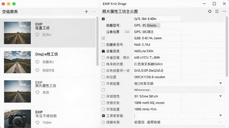 照片属性工坊主界面展示,左侧为照片列表,右侧显示详细的EXIF信息面板,包含拍摄参数、设备型号、GPS位置等,背景为简洁的浅灰色调,突出软件界面,整体风格现代清晰,适合作为软件预览图