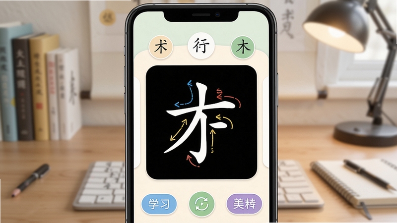 汉字卡软件主界面预览图,展示卡片式汉字学习界面,背景为浅色系,界面中央显示一个汉字的笔画顺序演示,四周有功能按钮,整体风格简洁明快,突出学习氛围,画面主体为手机屏幕中的汉字卡界面,背景为虚化的书桌场景