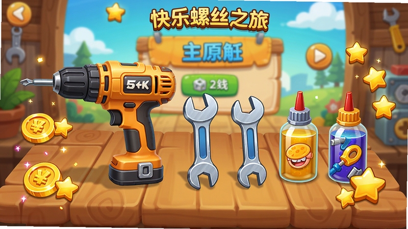 快乐螺丝之旅游戏道具展示,画面中展示电动螺丝刀、扳手、润滑油等工具,整齐排列在木桌上,旁边有金币和星星特效,背景是游戏主菜单界面,色彩活泼,卡通风格,细节丰富,竖版构图
