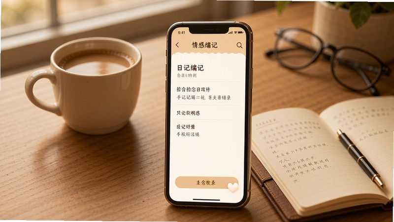 拾念日记软件主界面预览图,手机屏幕显示日记编辑页面,带有柔和的暖色调背景,桌面上摆放着一杯咖啡和一本打开的笔记本,整体氛围温馨宁静,突出软件的情感记录功能