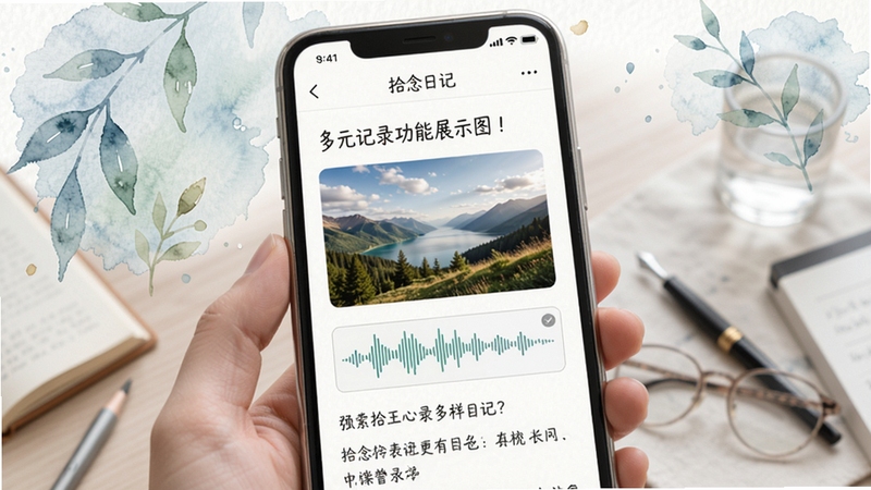 拾念日记的多元记录功能展示图,手机界面显示图文混排的日记条目,包含一张风景照片和一段语音波形图,背景是淡雅的水彩画风格,体现丰富多样的记录方式