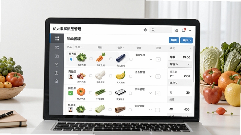 优大集掌柜商品管理界面截图风格,显示商品列表、编辑按钮和库存数字,背景为简约办公桌,配以生鲜蔬果装饰,画面干净明亮,突出软件操作便捷性