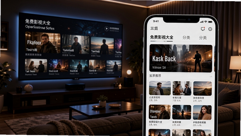 免费影视大全主界面预览图,展示首页推荐位与分类导航栏,背景为深色科技感客厅大屏观影场景,画面主体为手机屏幕放大展示软件界面,突出高清画质与丰富内容,整体色调偏暖,光影柔和,渲染出舒适的居家观影氛围