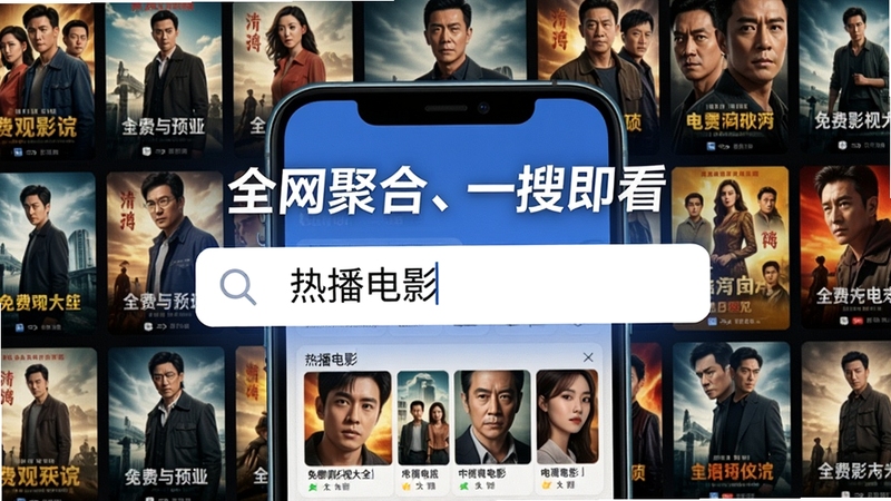 免费影视大全聚合搜索功能展示图,画面中央为手机搜索框输入“热播电影”关键词,背景为铺满各类影视海报的网格墙,突出“全网聚合、一搜即看”的特点,色彩明亮,细节丰富,海报字体清晰可辨