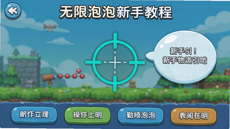 无限泡泡新手教程界面,画面中央有一个瞄准线示范,旁边有新手引导气泡,底部是操作按钮说明,整体风格清晰易懂,帮助玩家快速上手