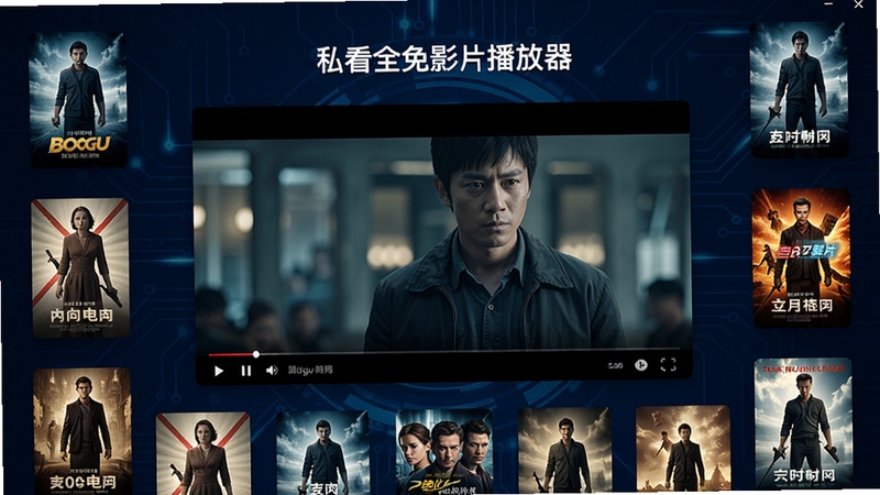 私看全免影片播放器主界面展示图,画面中央为高清电影播放窗口,背景为深蓝色科技质感纹理,四周环绕热门影片海报缩略图,整体风格现代简约,突出软件名称与流畅播放核心功能,适配Boogu模型生成