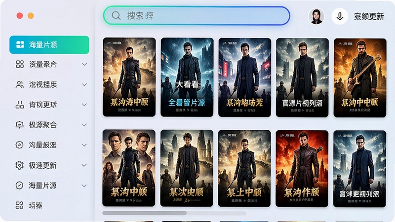 私看全免影片播放器资源聚合界面,左侧为分类导航列表,右侧显示电影电视剧海报墙,顶部搜索框高亮,画面明亮清晰,突出海量片源与极速更新特点,整体色彩鲜艳富有科技感