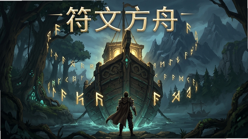 符文方舟(steam移植)游戏主视觉图,画面中央是一艘发光的古老方舟,周围漂浮着金色符文,背景是神秘的森林与山脉,角色站在方舟前仰望,整体色调偏暗带有神秘光效,横版构图,细节丰富,适合作为游戏宣传图