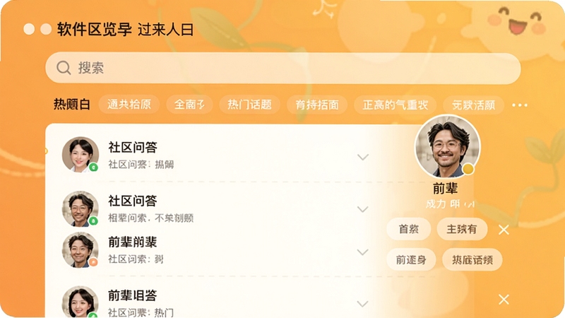 过来人曰软件主界面预览图,展示社区问答列表与前辈头像,背景为温馨的橙黄色调,界面简洁现代,包含搜索框与热门话题标签,整体风格明亮亲和,适配移动端竖屏展示