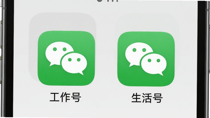 小号机应用分身功能演示图,手机屏幕中呈现两个并排的微信图标,各自标注“工作号”和“生活号”,背景为浅灰色,画面简洁明了