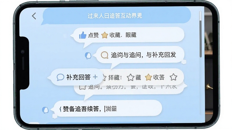 过来人曰追答互动界面,对话气泡层层展开,显示追问与补充回答,背景为浅蓝色聊天风格,配有小图标表示点赞与收藏,整体视觉清新,强调互动交流的连续性