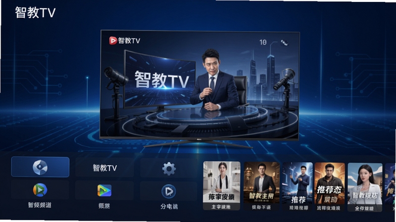 智教TV主界面预览图,画面中央显示高清电视直播画面,画面下方有整齐的频道分类列表和推荐海报墙,背景为深蓝色科技感渐变,整体风格现代简洁,突出软件名称智教TV