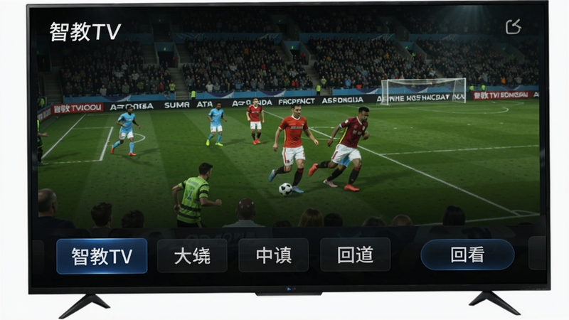 智教TV直播频道界面图,画面中显示电视直播画面为一场足球比赛,屏幕下方有频道列表和回看按钮,背景为深色科技感界面,突出软件名称智教TV