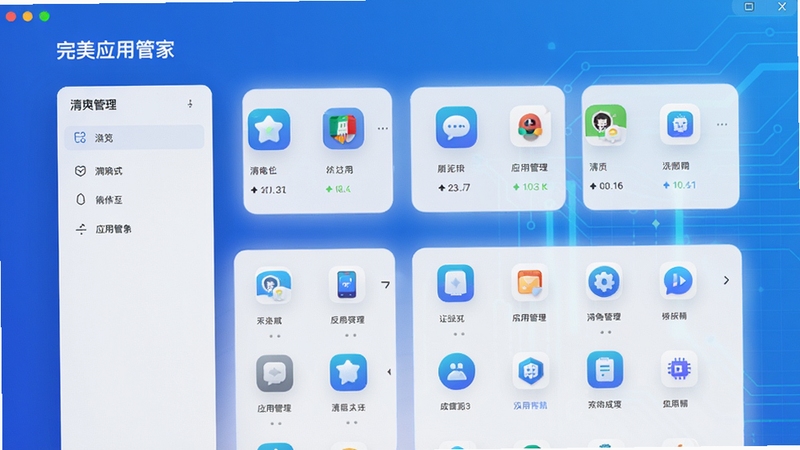 完美应用管家主界面预览图,展示清爽的应用管理功能,背景为渐变的蓝色科技风格,图标排列整齐,整体风格简约现代,高分辨率,适合软件介绍页面。
