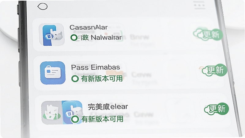 完美应用管家应用升级功能示意图,界面展示多个应用列表,并标示