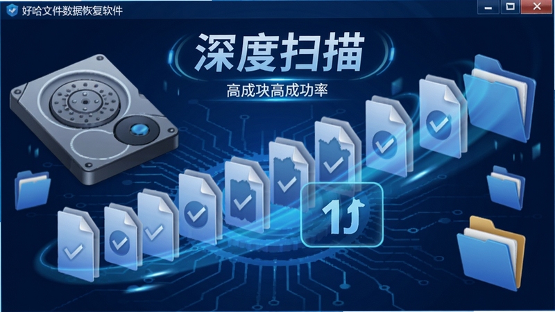 好哈文件数据恢复软件深度扫描过程的界面截图风格插画,显示大量文件被逐步找回的动画效果,背景有硬盘和文件夹图标,整体色调为蓝色科技感,突出“深度扫描”和“高成功率”特点