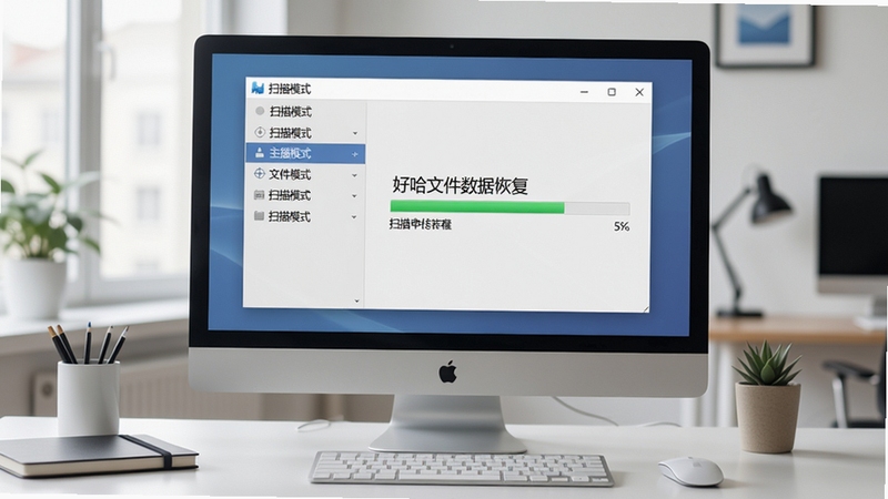 一张电脑屏幕前显示好哈文件数据恢复软件主界面的场景,界面简洁清晰,左侧为扫描模式选项,右侧显示扫描进度条,背景为现代办公桌面,光线柔和,整体风格专业且友好,画面主体突出软件名称“好哈文件数据恢复”,适配Boogu模型生成