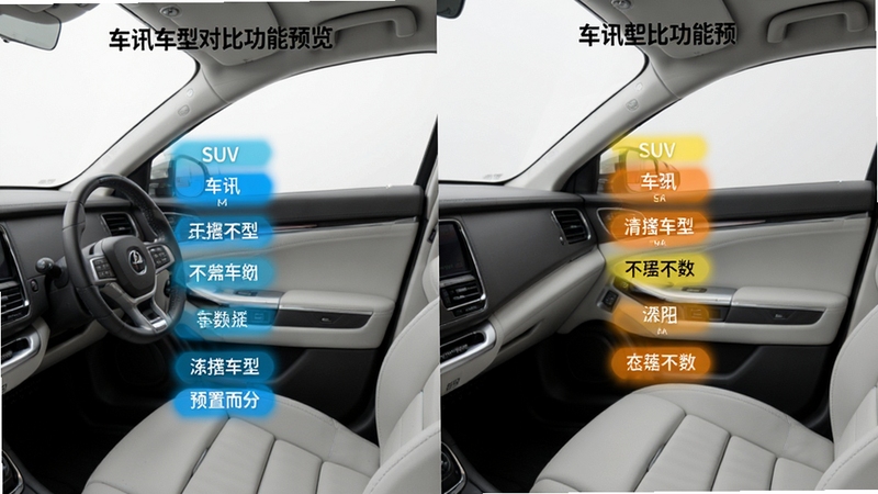 车讯车型对比功能预览,左右分屏显示两款SUV的配置参数差异,中间用高亮色标出不同项,背景为白色,搭配浅灰色内饰纹理,整体专业且直观。