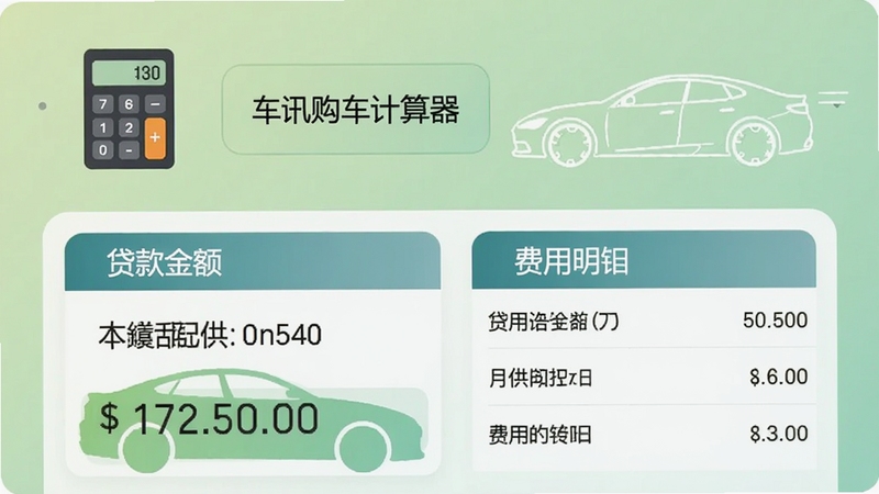 车讯购车计算器界面,显示贷款金额、月供数额和费用明细列表,背景为浅绿色渐变,配有计算器图标和汽车轮廓元素,整体简洁明了。