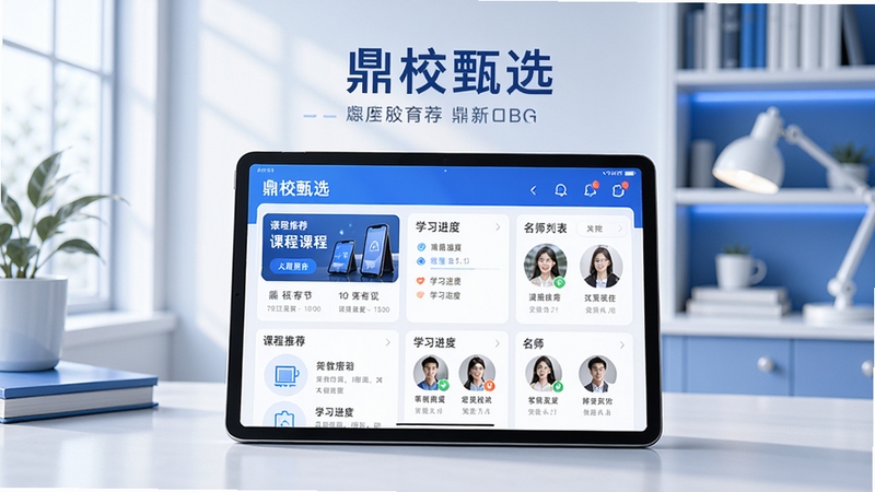 鼎校甄选主界面展示图,画面中央为平板电脑展示APP首页,包含课程推荐、学习进度、名师列表等模块,背景为现代简约的书房场景,色调以蓝色和白色为主,光线明亮柔和,突出教育科技感,整体风格干净清晰,适合作为软件官方预览图