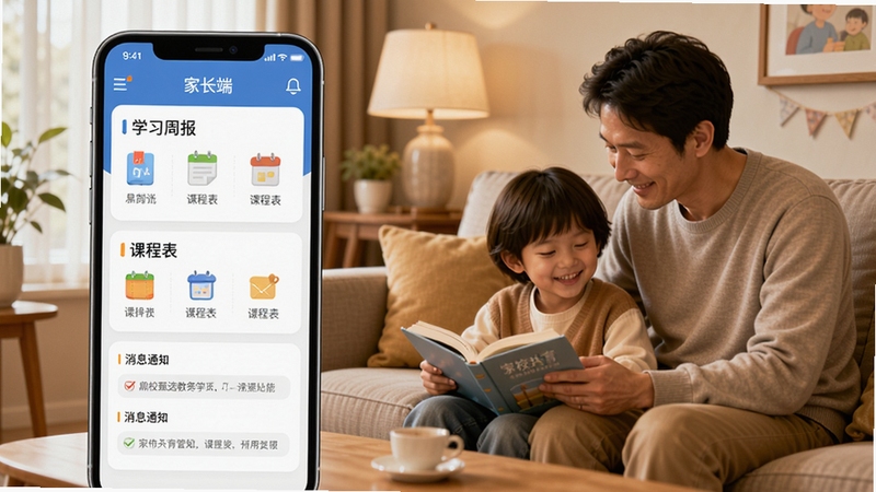 鼎校甄选教务管理功能示意图,画面展示手机端家长端界面,包含学习周报、课程表、消息通知等模块,背景为温馨的家庭客厅,有家长与孩子互动场景,色调温暖,突出家校共育理念,画面清晰自然