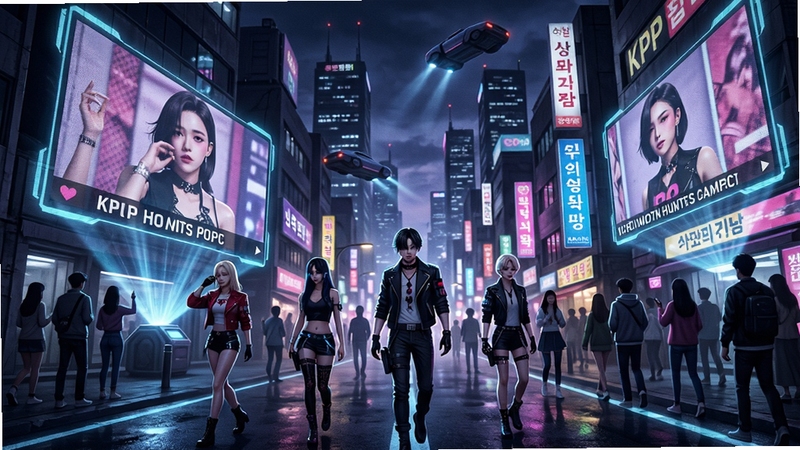 KPOP Sandbox: Demon Hunters 游戏场景概念图,展示一个充满未来感的韩国都市街头,巨大的全息投影播放着KPOP音乐视频,街道上有游戏角色行走,氛围热闹,色彩绚丽,具有强烈的视觉冲击力。