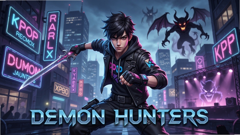 KPOP Sandbox: Demon Hunters 游戏主视觉图,展示主角在城市高楼背景下摆出战斗姿态,周围有霓虹灯牌与KPOP舞台元素,远处有恶魔虚影,整体风格鲜艳动感,融合流行文化与幻想战斗风格,人物细节丰富,背景层次分明,适合作为游戏宣传图。