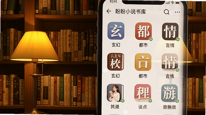 盼盼小说书库分类展示图,画面呈现APP内图书分类列表,包含玄幻、都市、言情等图标,背景为木质书架,暖黄色灯光,书籍排列整齐,营造出图书馆般的宁静氛围,画面清晰,色彩饱满