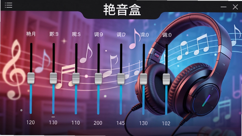 艳音盒音效调节界面,显示多段均衡器滑块,背景为耳机与音符的合成画面,色调明亮,突出个性化调音功能,软件名称艳音盒出现在界面顶部,整体风格专业且直观。
