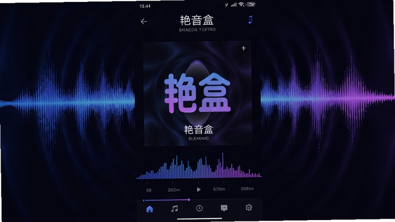 艳音盒主界面展示,一款名为艳音盒的安卓音频应用,界面采用深色主题,中央显示专辑封面与频谱动画,背景为抽象的声波扩散效果,画面整体科技感十足,色彩以蓝紫色渐变为主,强调沉浸式听觉体验,整体风格现代且具有视觉冲击力。