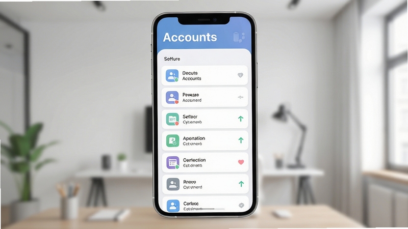Accounts软件主界面预览图,展示多账号列表管理界面,背景为现代简约风格,手机屏幕居中显示,图标清晰,色彩柔和,突出软件名称Accounts