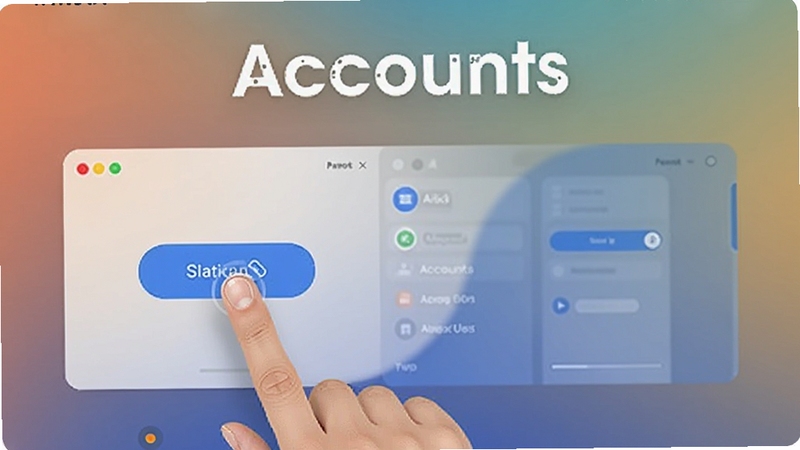 Accounts一键切换功能演示图,手指点击切换按钮,界面平滑过渡,背景为渐变色,突出软件名称Accounts