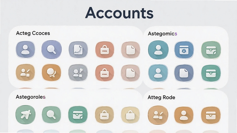 Accounts智能分组管理界面,账号按类别分组展示,图标圆润,背景浅灰色,突出软件名称Accounts