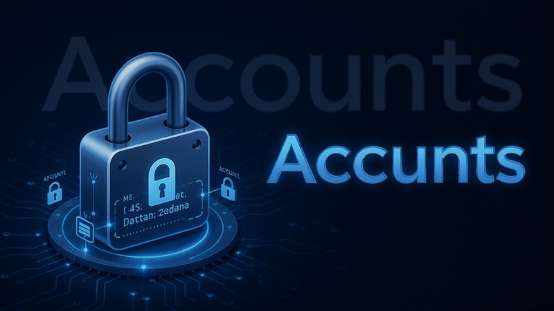 Accounts安全加密存储示意图,锁形图标包裹账号数据,背景为深蓝色科技感风格,突出软件名称Accounts