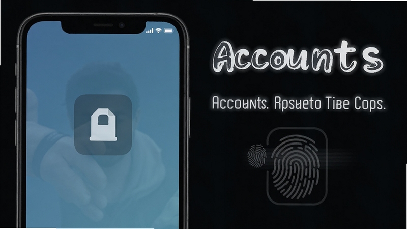 Accounts隐私保护模式示意图,手机屏幕出现隐藏图标和指纹验证,背景为暗色,突出软件名称Accounts