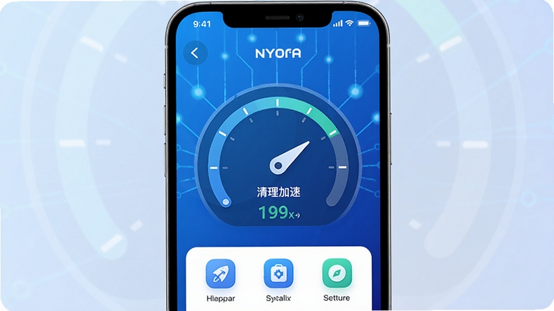 Nyora应用主界面展示,手机屏幕中央显示清理加速仪表盘,背景为渐变的蓝色科技感光效,界面布局简洁清晰,图标圆润,整体风格现代且富有活力,突出软件核心功能与专业气质