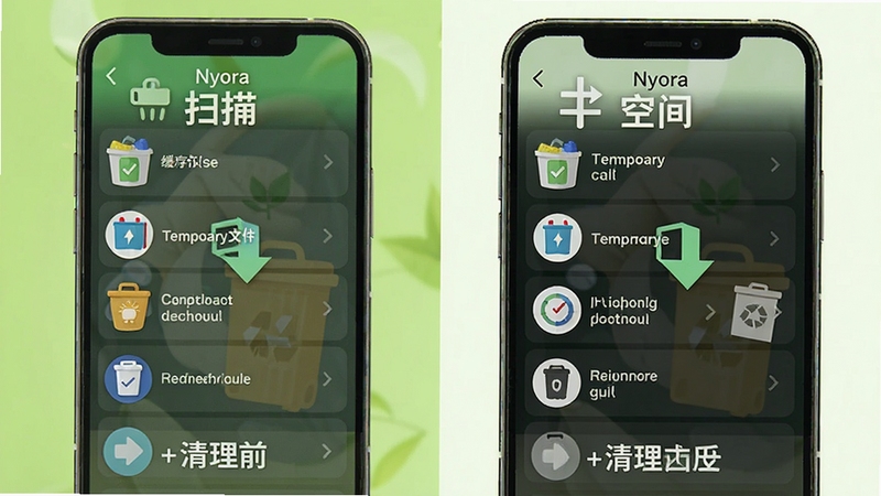 Nyora垃圾清理功能示意图,手机屏幕显示扫描到的各类垃圾文件列表,包括缓存、临时文件等,背景为明亮的浅绿色调,图标风格扁平化,突出清理前后的空间对比,画面干净整洁,强调高效与安全