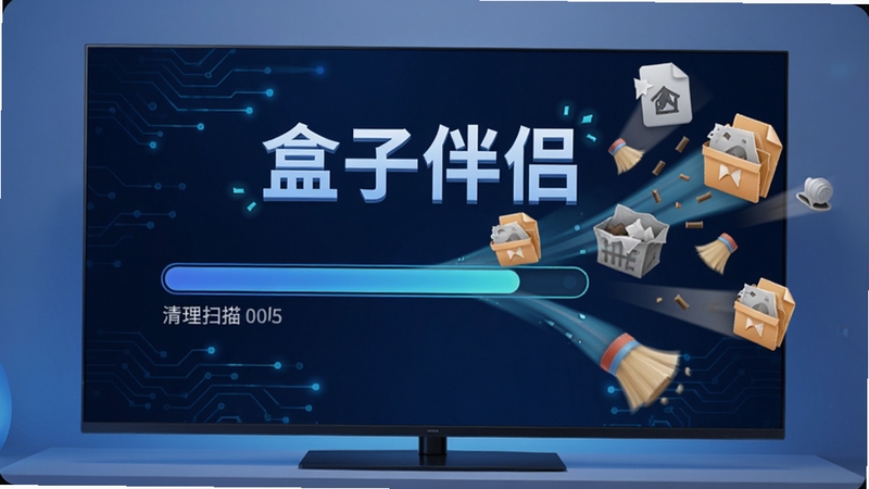 盒子伴侣深度清理功能示意图,画面展示电视屏幕上的清理扫描进度条,周围有垃圾文件图标被清理的动态效果,背景为科技感蓝色调,突出“盒子伴侣”字样,整体风格清爽,适配Boogu模型生成