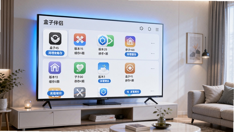 盒子伴侣应用管理功能界面示意图,画面展示电视屏幕上的应用列表,每个应用图标下显示版本号和缓存大小,有清理缓存按钮,背景为现代简约客厅环境,电视屏幕发光,整体色调明亮,突出“盒子伴侣”界面设计,细节丰富,适配Boogu模型生成