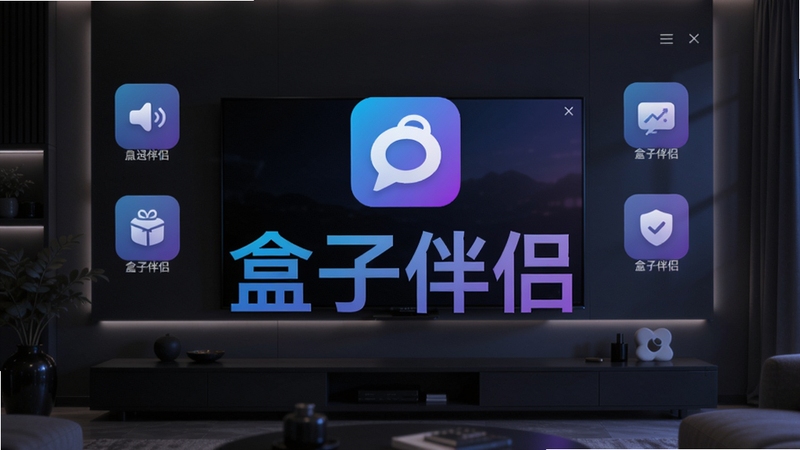 盒子伴侣软件主界面预览图,画面中央显示软件logo与功能模块图标,背景为深色科技感客厅电视墙场景,整体风格简洁现代,突出软件名称“盒子伴侣”四个字,色彩以蓝紫渐变为主色调,光线柔和,细节丰富,适配Boogu模型生成